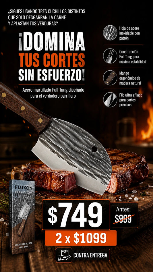 Hacha de Cocina Fluxon con Acabado Martillado y Mango de Madera
