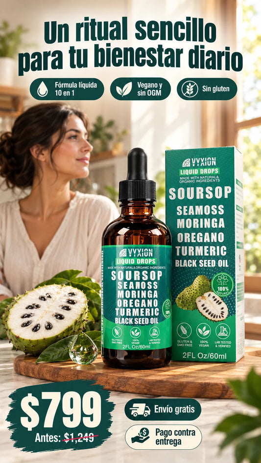 Vyxion Soursop Bitters Liquid Drops 10 en 1 con Sea Moss, Moringa, Turmeric, Black Seed Oil, Oregano y Ashwagandha | Vegano, Non-GMO, 2 FL Oz (60 ml)